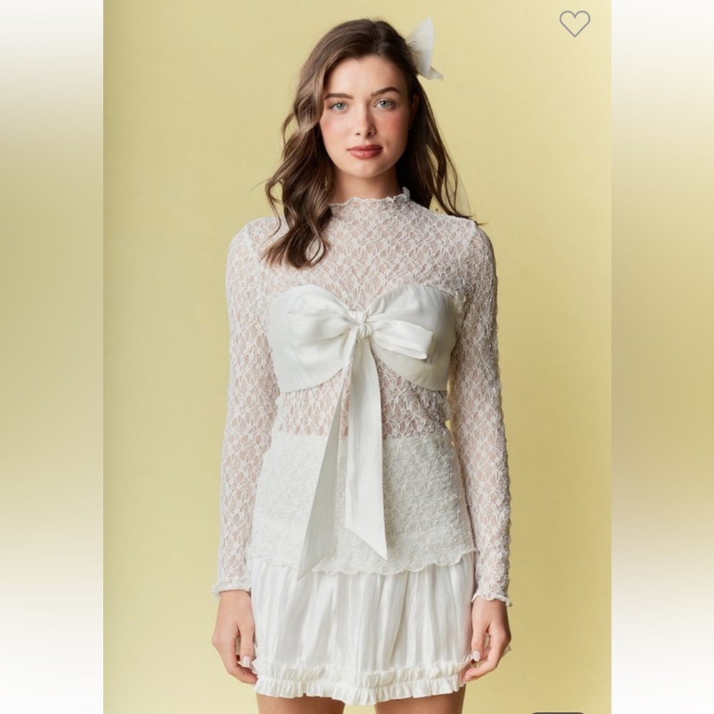 987. Sheer lace big bow long sleeve top in white